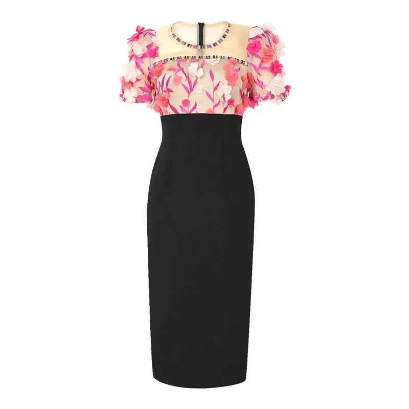 Trend4us Women's Elegant 3D Flower Midi Pencil Dress