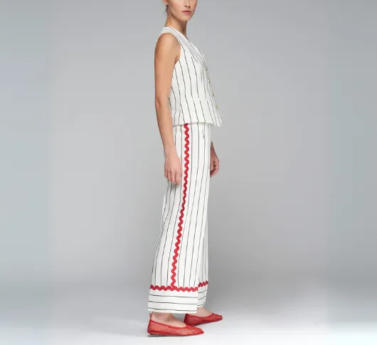 Vilagallo - Pinstripe Trousers with Ric Rac Trim in Black, White, and Red