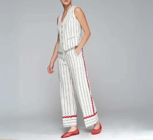 Vilagallo - Pinstripe Trousers with Ric Rac Trim in Black, White, and Red