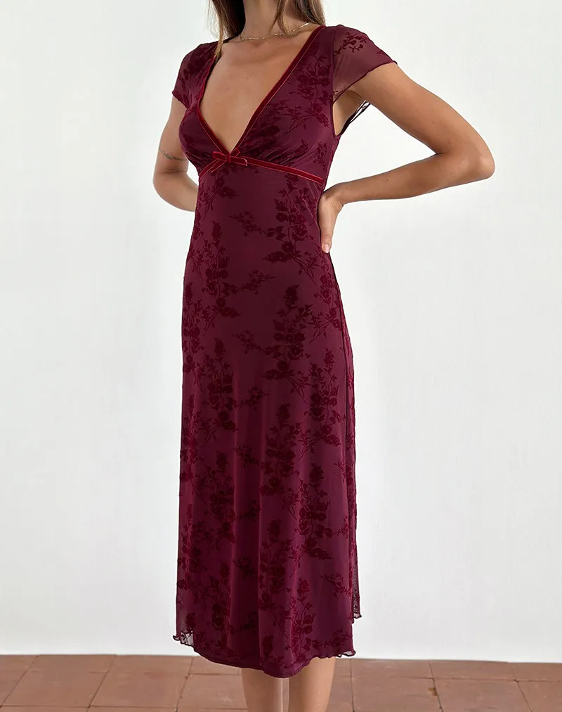 Vilinia Midi Dress in Botanical Flower Maroon