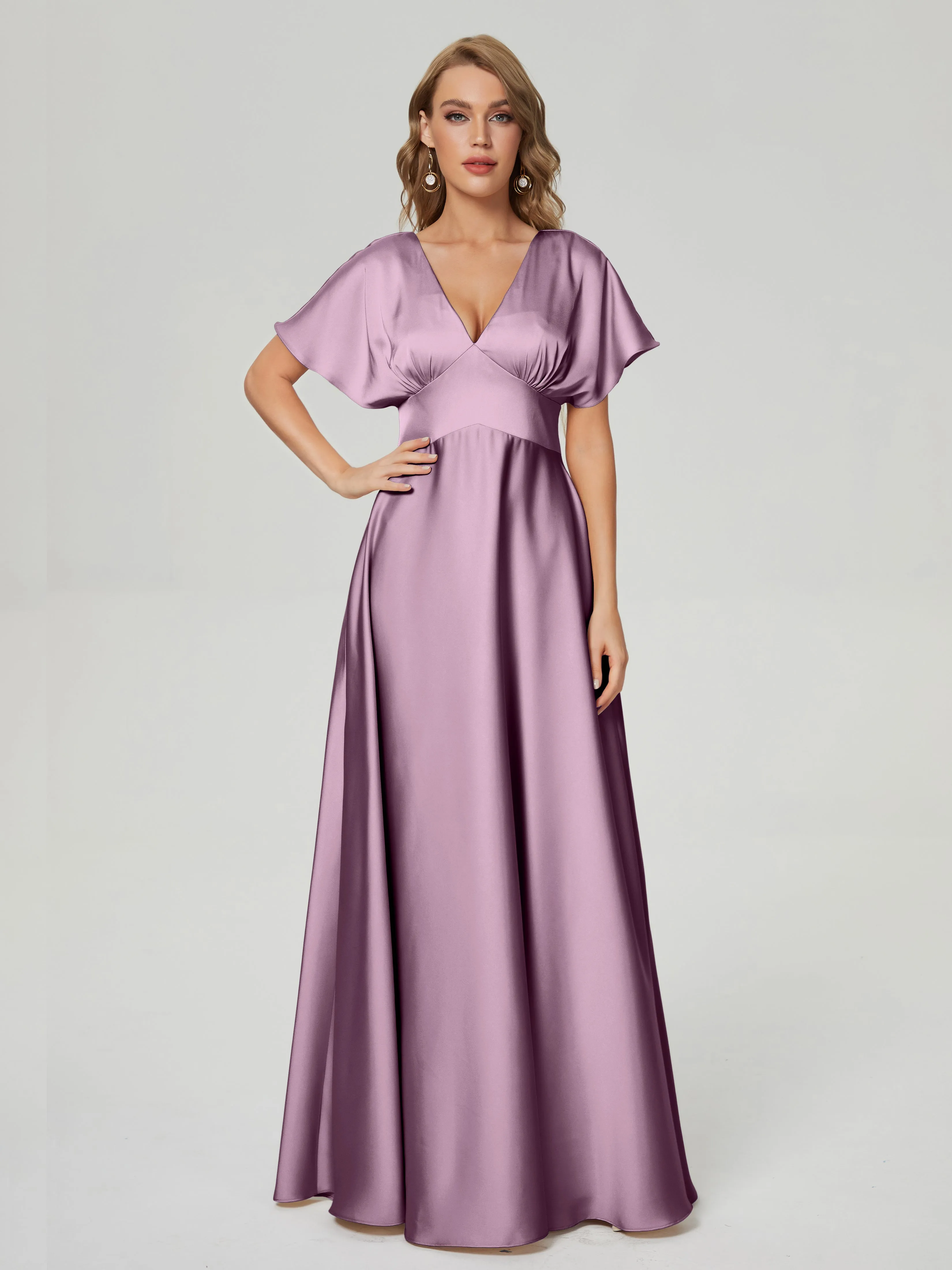 Vintage Mauve Bridesmaid Dresses Ariah Modest V Neck Short Sleeves Soft Satin Dresses