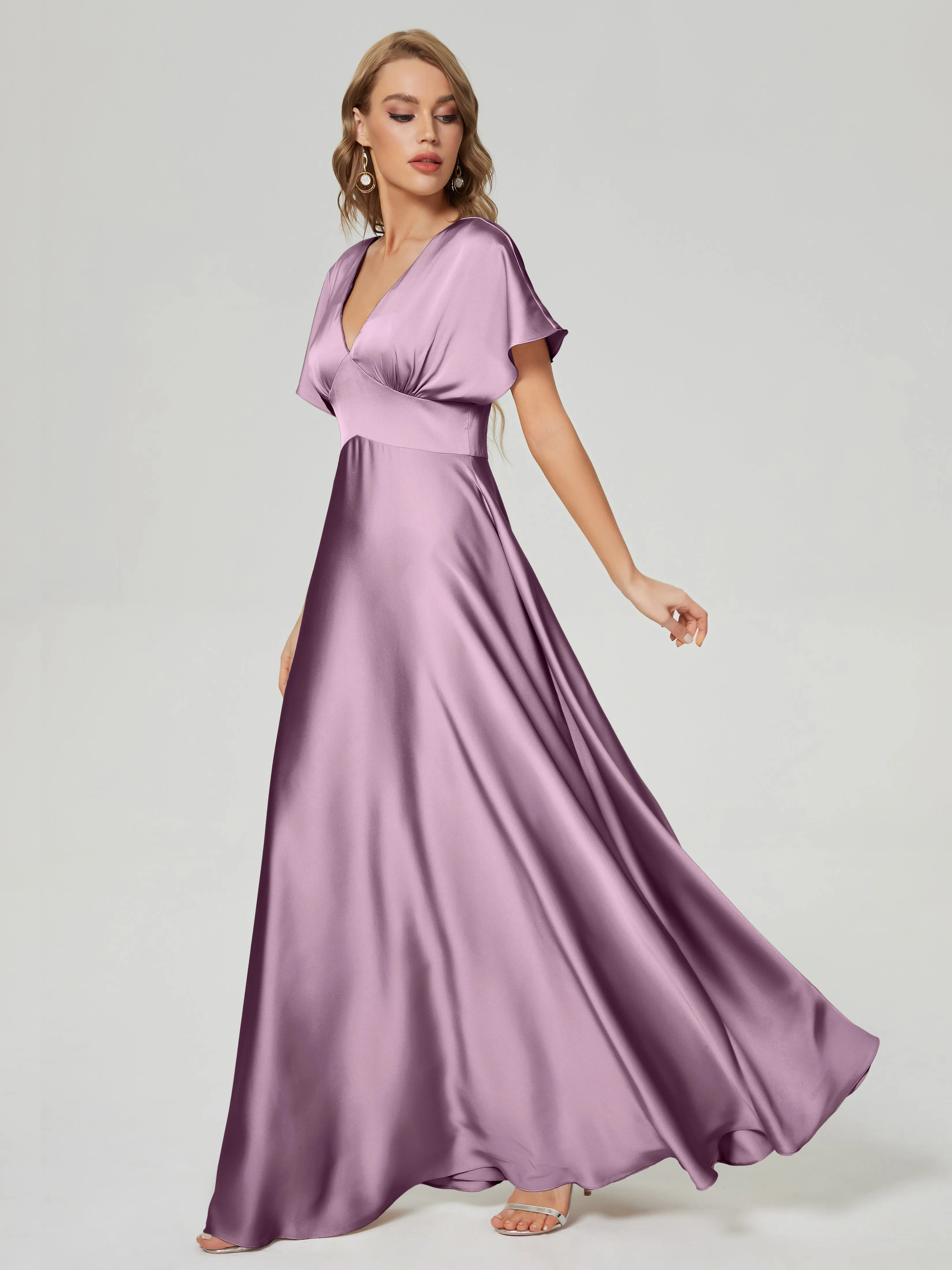 Vintage Mauve Bridesmaid Dresses Ariah Modest V Neck Short Sleeves Soft Satin Dresses