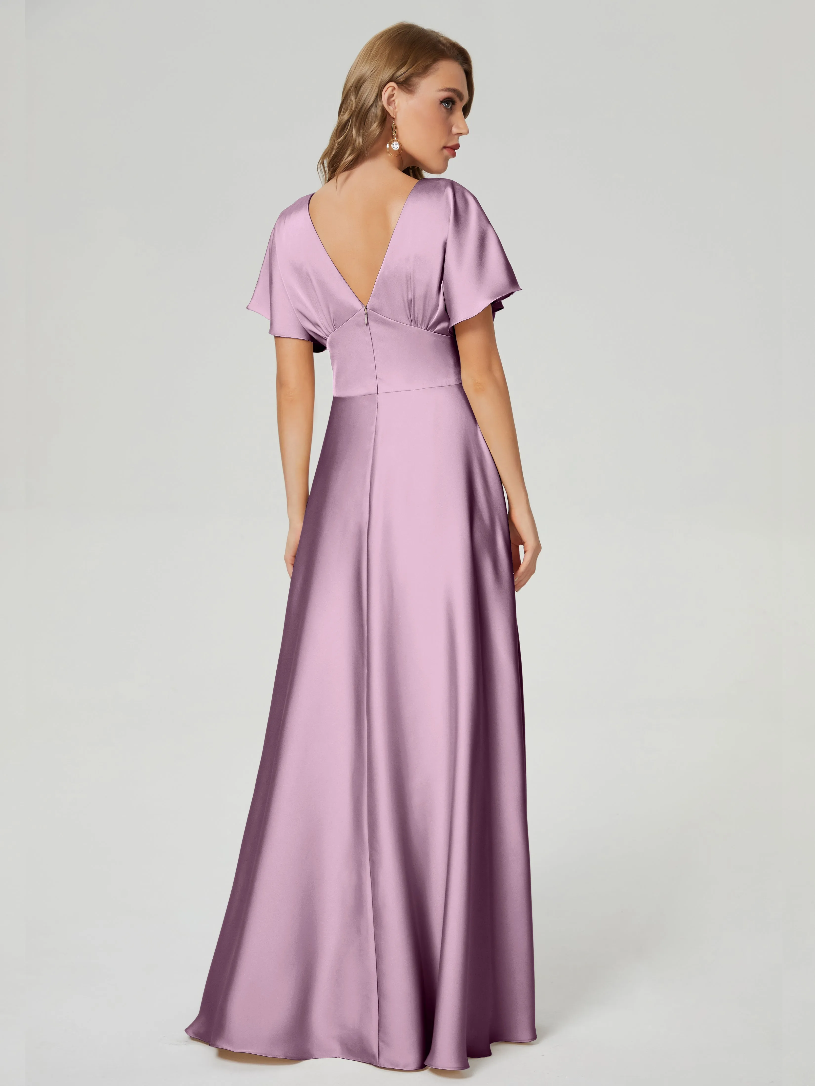 Vintage Mauve Bridesmaid Dresses Ariah Modest V Neck Short Sleeves Soft Satin Dresses