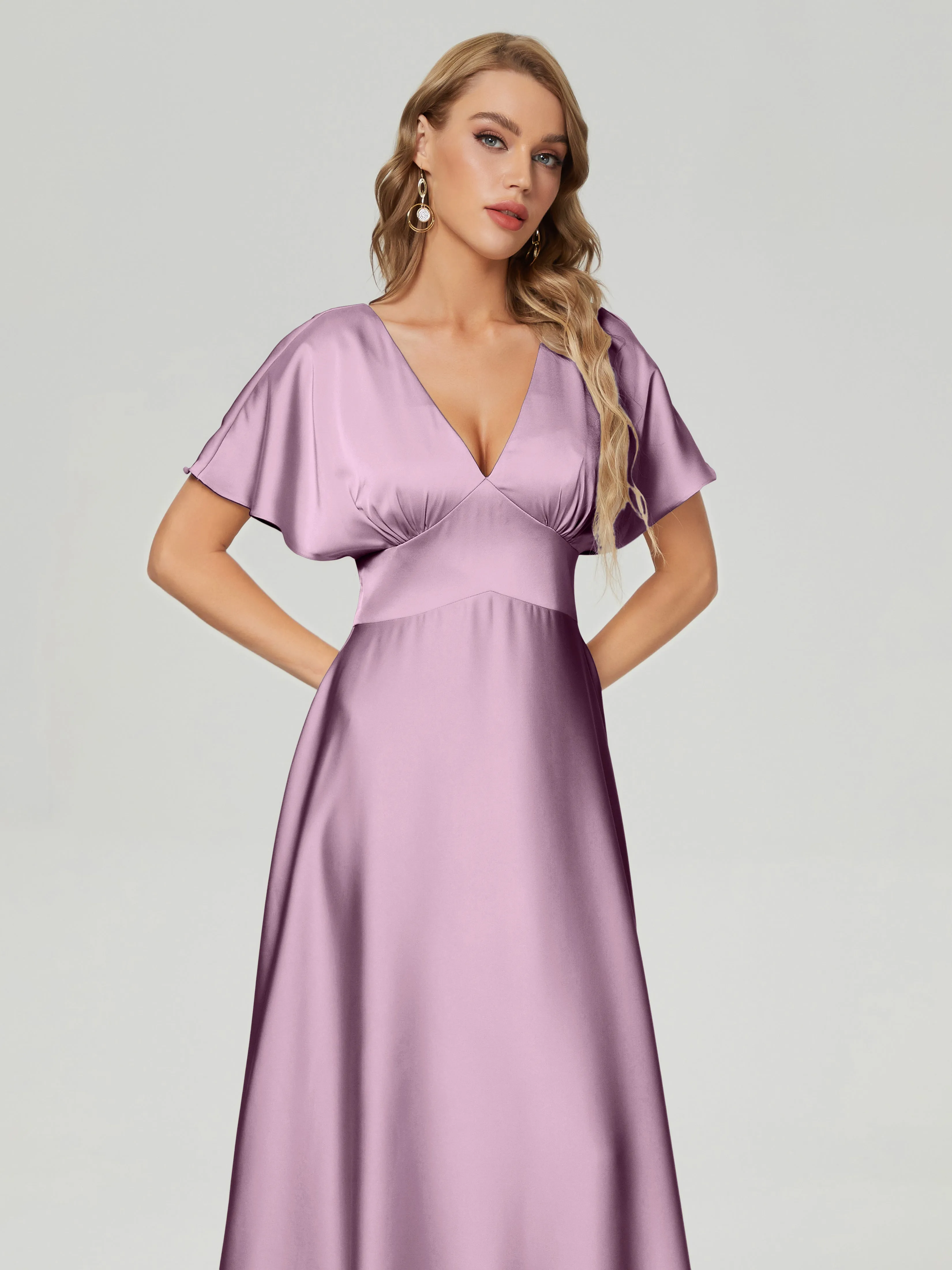 Vintage Mauve Bridesmaid Dresses Ariah Modest V Neck Short Sleeves Soft Satin Dresses