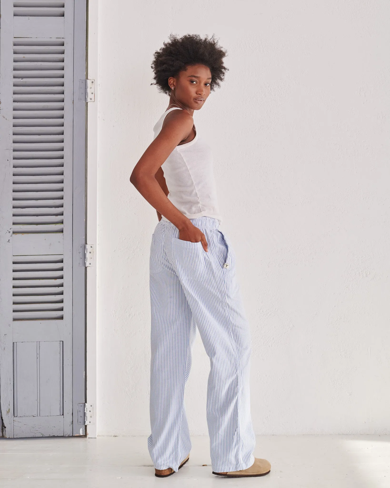 White & Blue Pinstripe Trousers