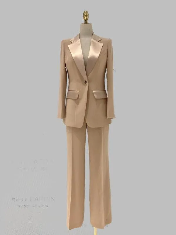 Wide Leg Women Pant Suit - Silk Satin Trouser Suit