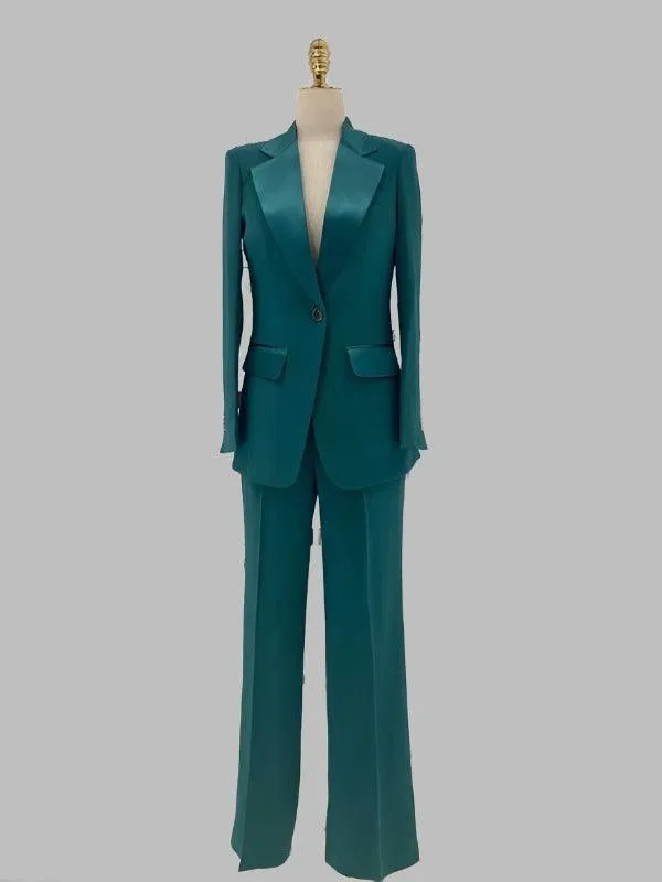 Wide Leg Women Pant Suit - Silk Satin Trouser Suit