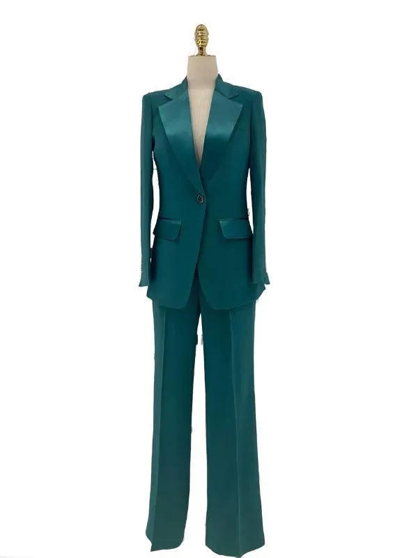 Wide Leg Women Pant Suit - Silk Satin Trouser Suit