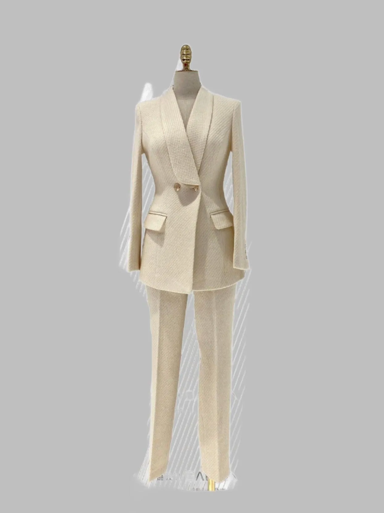 Women Two-Piece Pantsuit - Gold Buttons - Woolen Suit