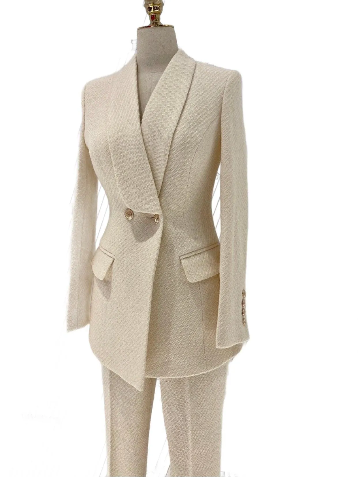 Women Two-Piece Pantsuit - Gold Buttons - Woolen Suit