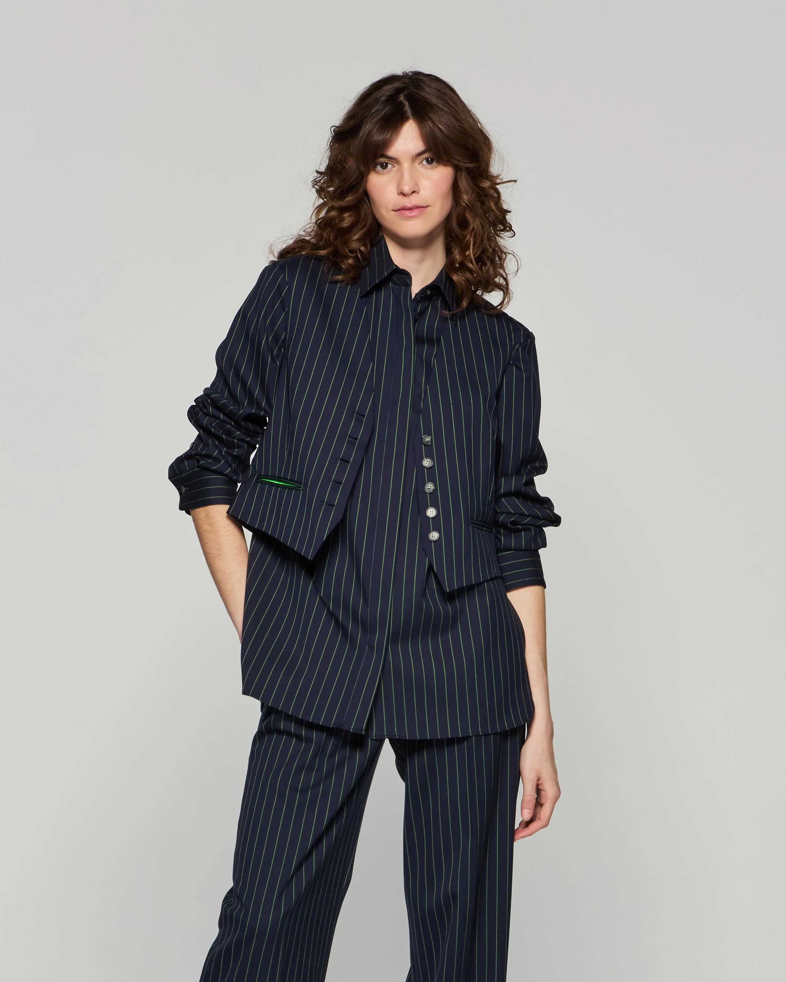 Wool Pinstripe Boyfriend Shirt - Navy/Green