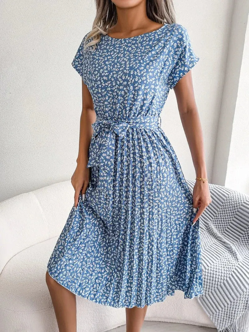 YEMOGGY Floral Print Pleated Summer Lace-up O-neck Short Sleeve Swing Midi Dress