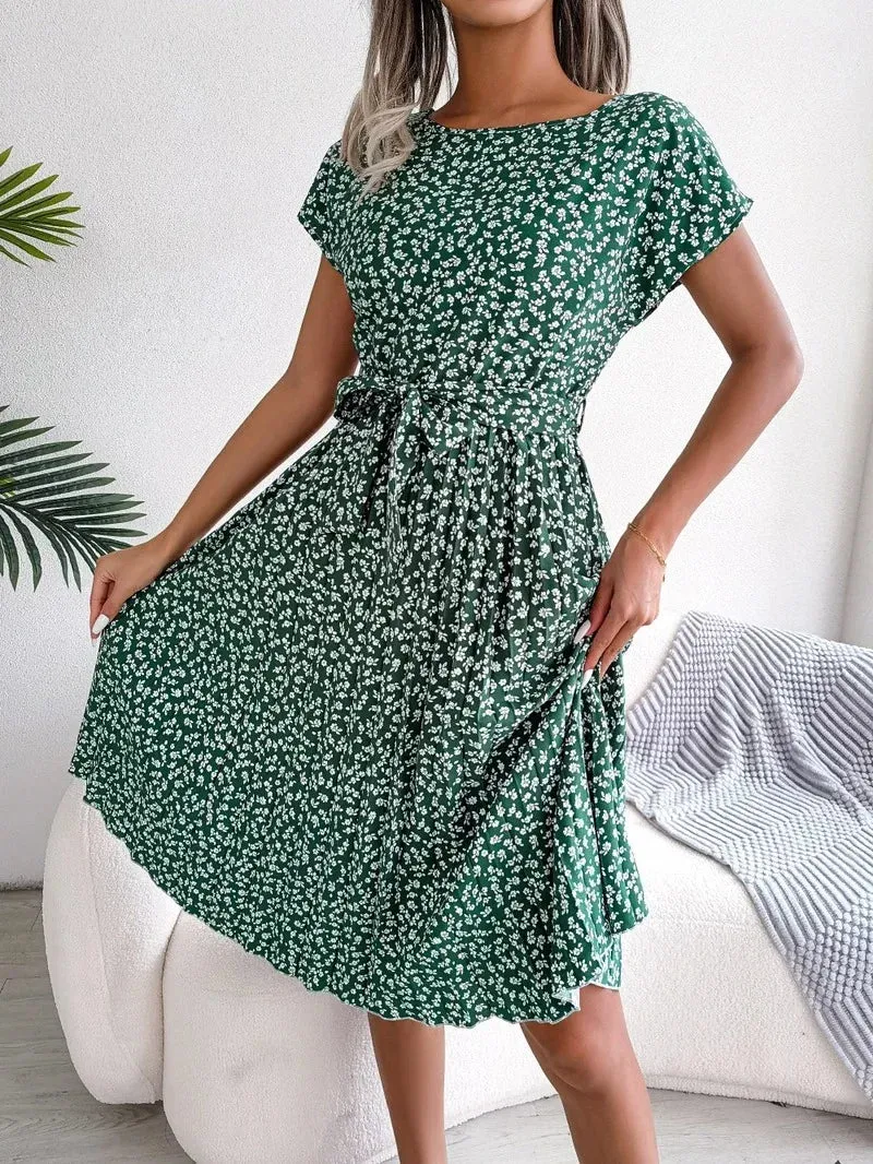 YEMOGGY Floral Print Pleated Summer Lace-up O-neck Short Sleeve Swing Midi Dress