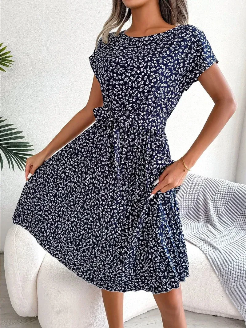 YEMOGGY Floral Print Pleated Summer Lace-up O-neck Short Sleeve Swing Midi Dress