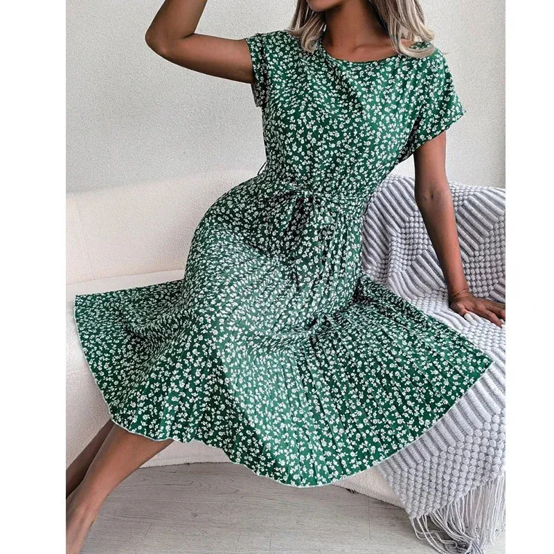 YEMOGGY Floral Print Pleated Summer Lace-up O-neck Short Sleeve Swing Midi Dress